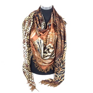 Luxury Triangular Scarf Reversible Tiger / Brown with Fringes (1 pc)