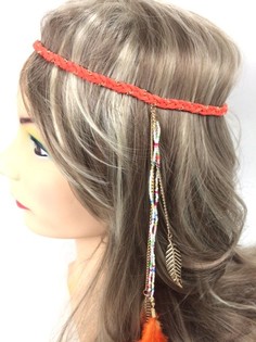 Braided Headband with Feathers - Orange (1 pc)