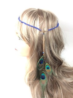 Braided Ibiza Hairband Blue with Peacock Feathers (1 pc)