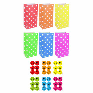 Paper Treat Bags with Smiley Stickers - Mixed Colors (72 pcs)